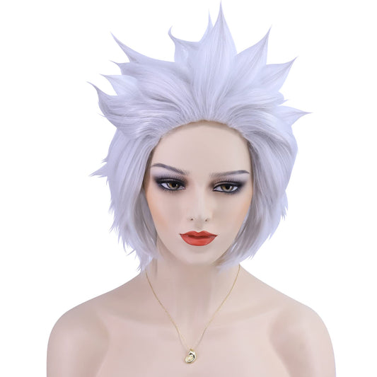 Hulaidywig Short Spiky Layered Anime Halloween Costume Cosplay Wig for Adult Men/Women + Wig Cap with Necklace (Silver)