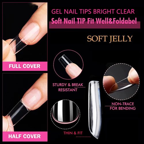 UNA GELLA Medium Square Gel Nail Tips 216pcs Clear Square Fake Nails for Full Cover Acrylic French False Nails for Nail Extension and DIY Nail Art 12 Sizes False Gelly Tips DIY Salon