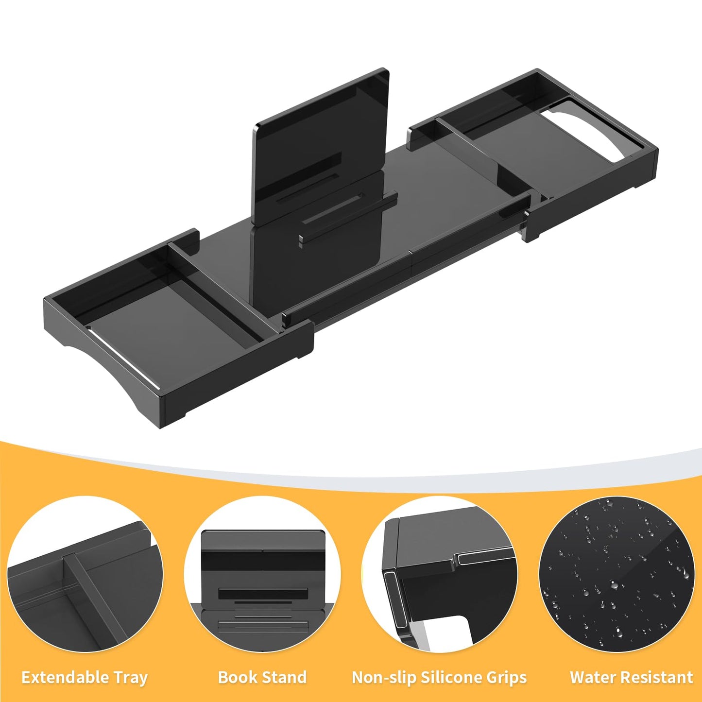 Rulyyo Bathtub Tray Caddy Table - Black 18-32.5 Inch Expandable Over The Tub Bath Tray, Waterproof Luxury Caddy for Bathtub