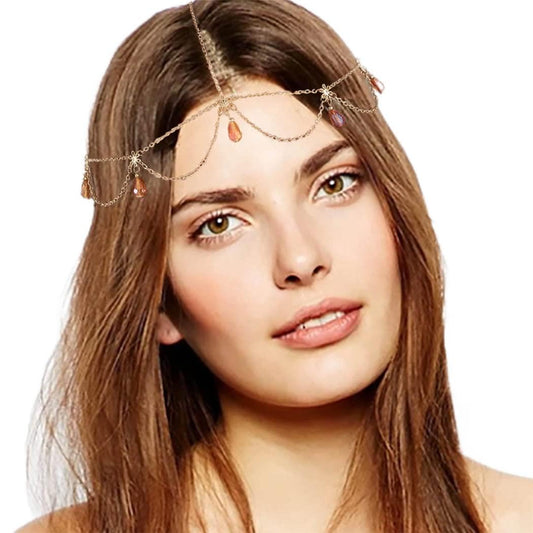 Aularso Boho Head Chain Crystal Forehead Chain Layerd Tassel Headpieces Dangle Hair Chain Vintage Headband Halloween Hair Accessories for Women and Girls (Gold)