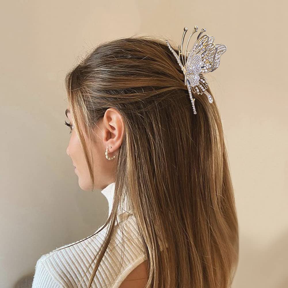 Butterfly Hair Claw Clips for Women, 2Pcs Rhinestone Large Non-Slip Strong Metal Clips for Thick Hair Styling, Hold, and Fashion Hair Accessories