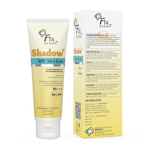 Fixderma Shadow SPF 30+ Gel Sunscreen for Face - Broad Spectrum UVA/UVB Protection | Water-Resistant & Lightweight - 2.64 Oz