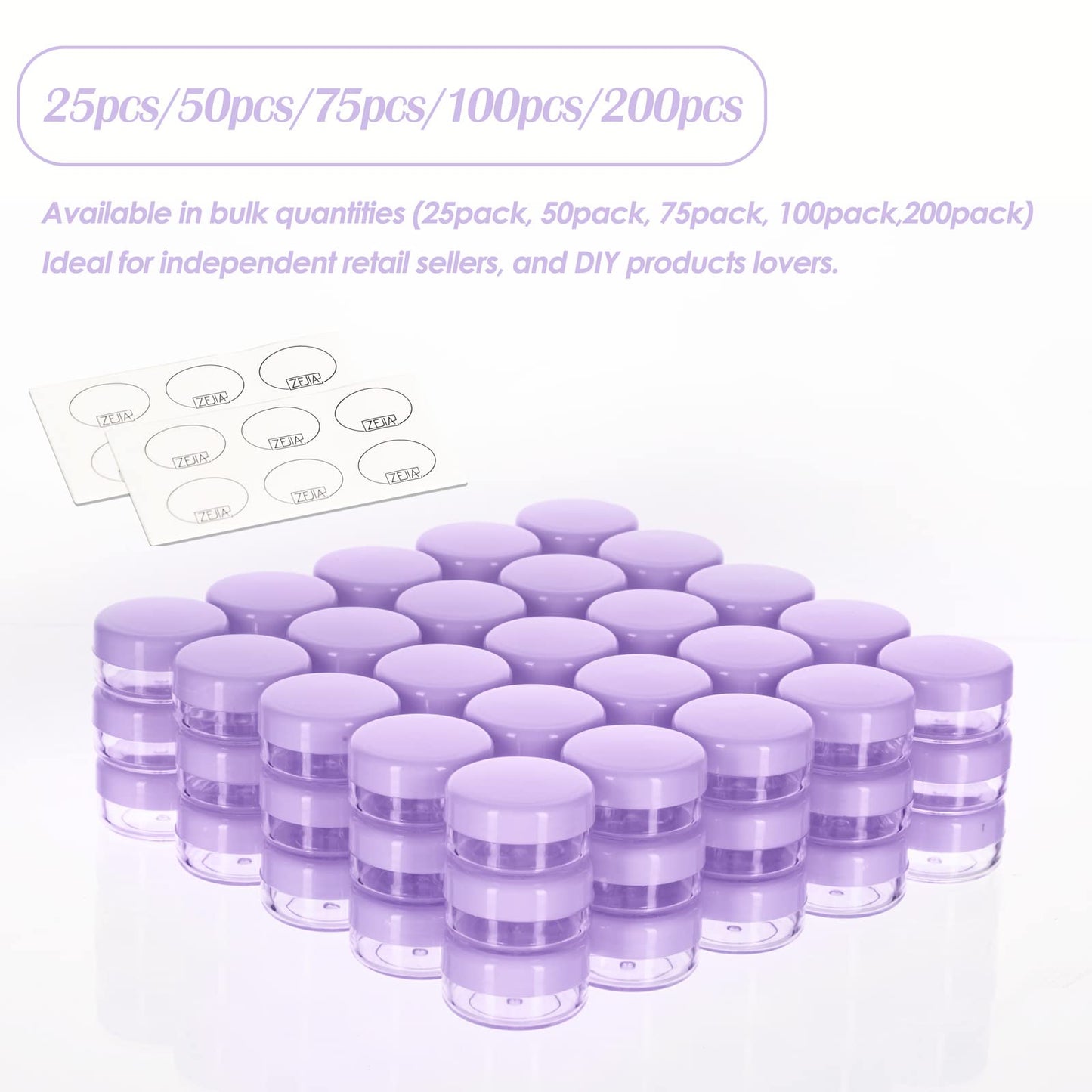 ZEJIA 3 Gram Sample Containers with Lids, 25 Count Tiny Sample Jars, 3ML Makeup Cosmetic Containers for Lip Balms, Lotion, Powder, Beauty Products(Purple Lids)