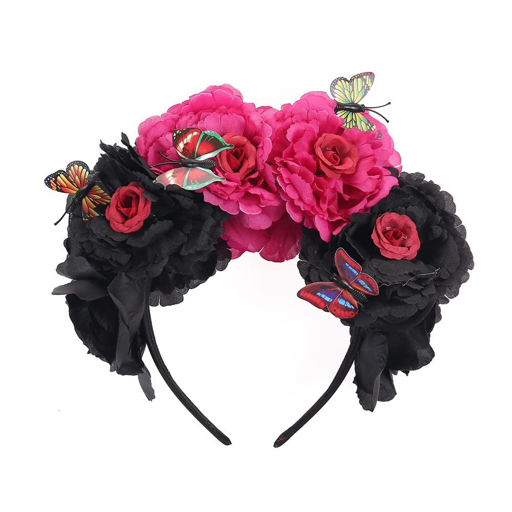 Mexican Flower Crown Headband with Butterfly, Day of the Dead Headpiece, Halloween Festival Headwear, Dia De Los Muertos Hairhoop(Mexican A)