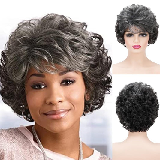 Sabosi Short Gray Wigs for Black Women Synthetic Natural Wavy Costume Cosplay Party Wig