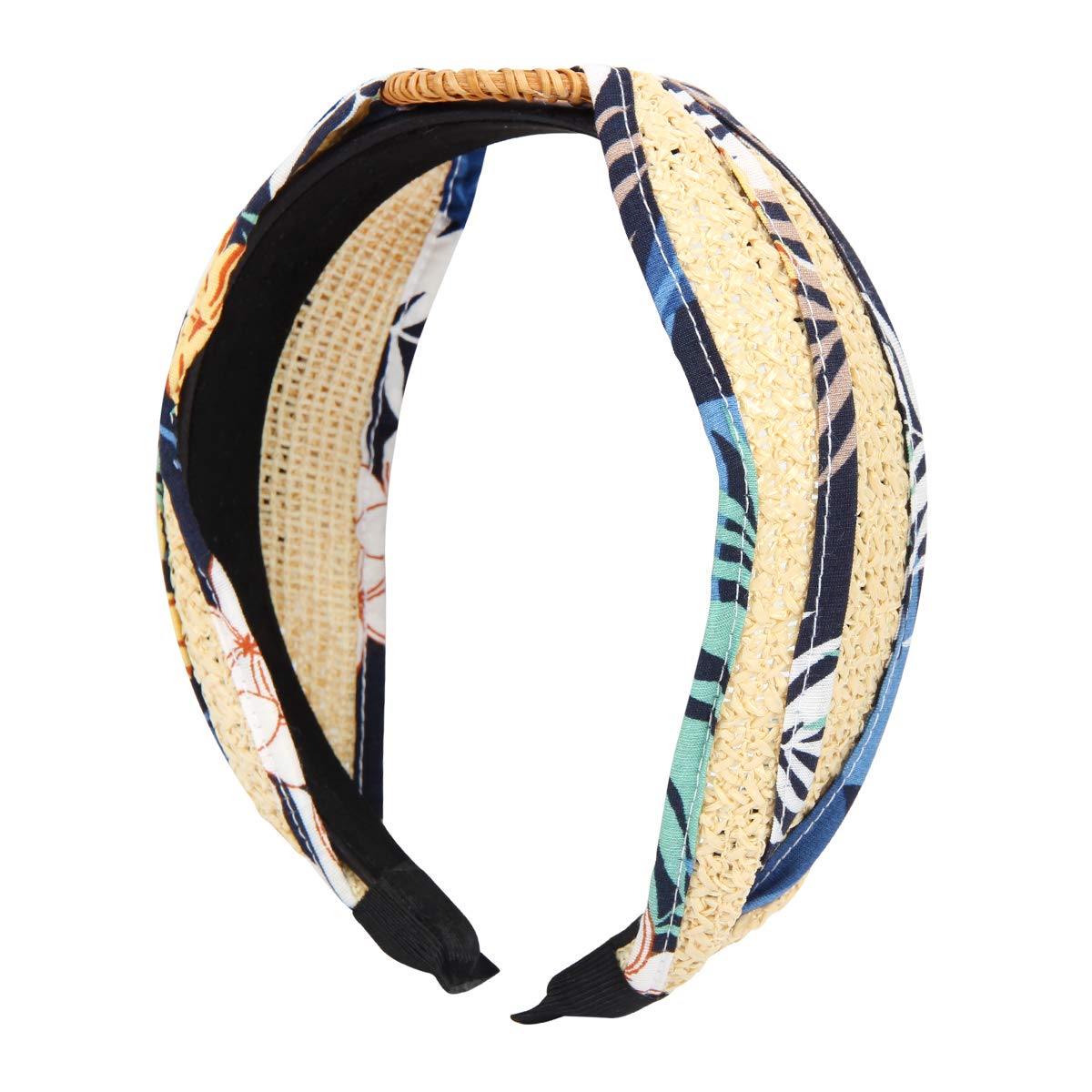 Fashion Headband Women's Hair Accessories - Acrylic Chain, Bohemian Rattan Straw, Girls Hairband (Top Ring - Raffia & Fabric Blue)