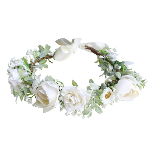 LLinfflr Wedding Floral Crown Flower Garland Headband Hair Wreath Floral Headpiece Halo Boho with Ribbon Party Prom Photos White