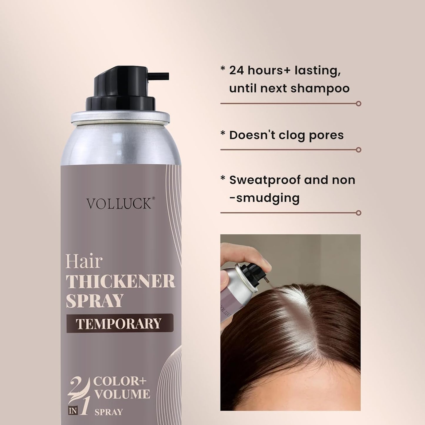 VOLLUCK Hair Thickening Spray - Temporary Black Color & Root Touch-Up for Grey Coverage | Volumizing Solution