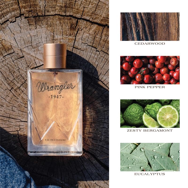 Wrangler 1947 Cologne for Men - Fresh Cedarwood & Amber Fragrance | 2.5oz Masculine Aroma