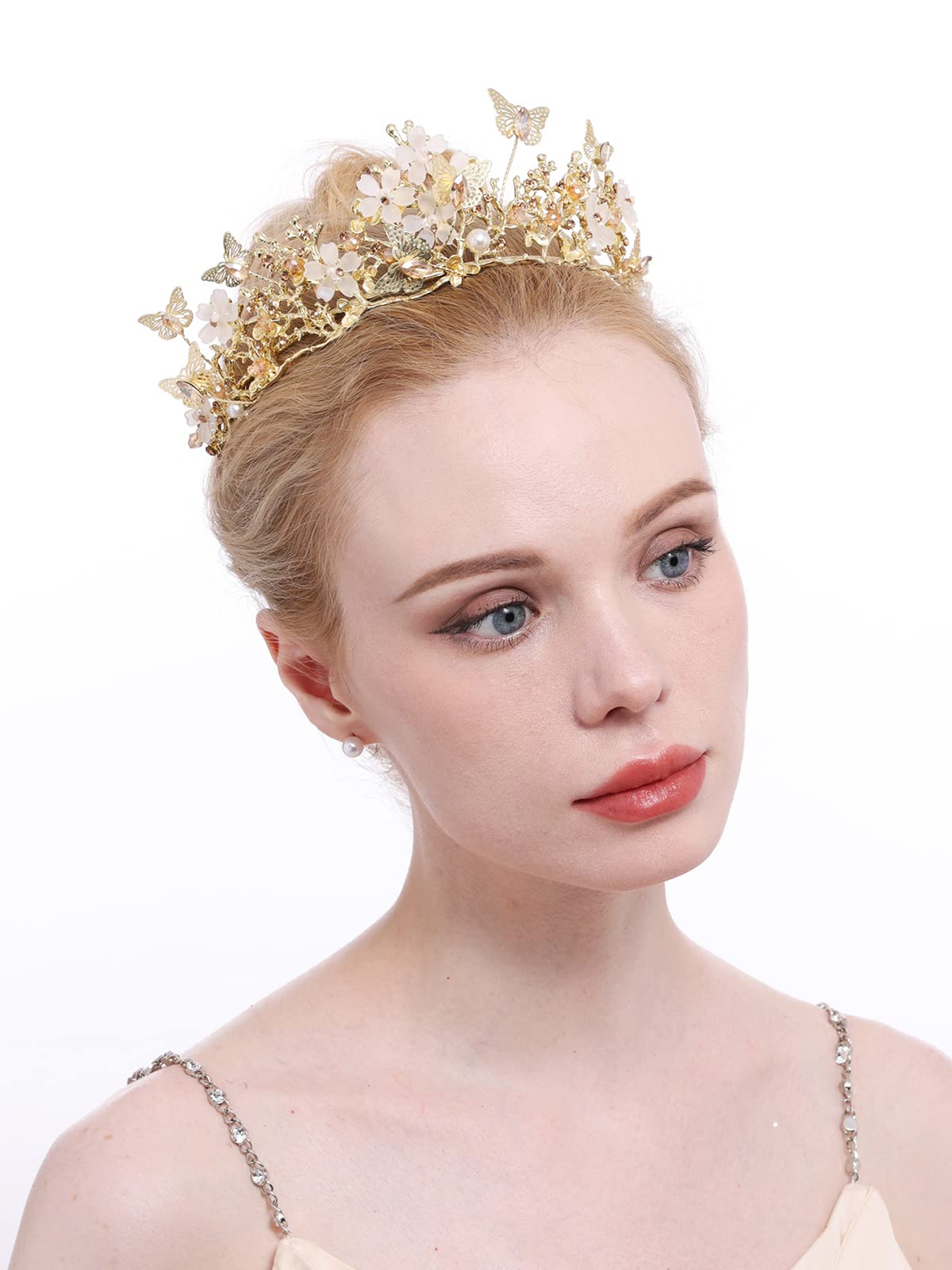 Brihasory Butterfly Queen Birthday Crowns Gold Tiaras for Bride, Crystal Royal Princess Wedding Rhinestone Headband, Costmue Party Christmas Halloween Black Prom Headpiece for Women and Girls (Gold)