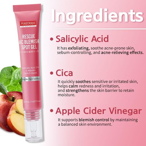 Purederm Blemish Spot Treatment Gel - Salicylic Acid 2% for Soothing Acne Care, 20ml
