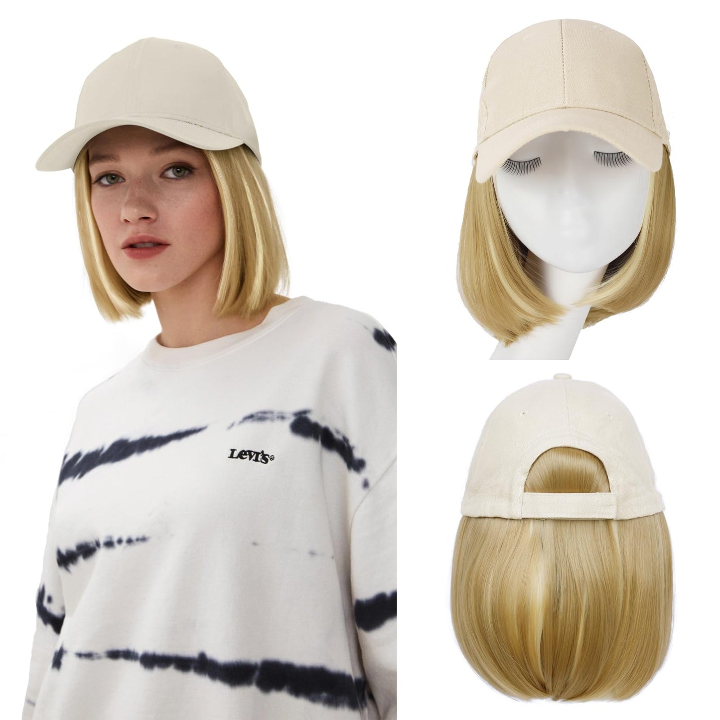 FORCUTEU Baseball Cap with Hair Extensions Short Straight Bob Hairstyle Hat Wigs for Women Caps with Hair Attached Adjustable Baseball Cap Wig for Daily Use