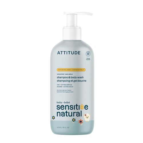 ATTITUDE Baby 2-in-1 Shampoo & Body Wash - EWG Verified, Vegan & Unscented for Sensitive Skin | 16 Fl Oz