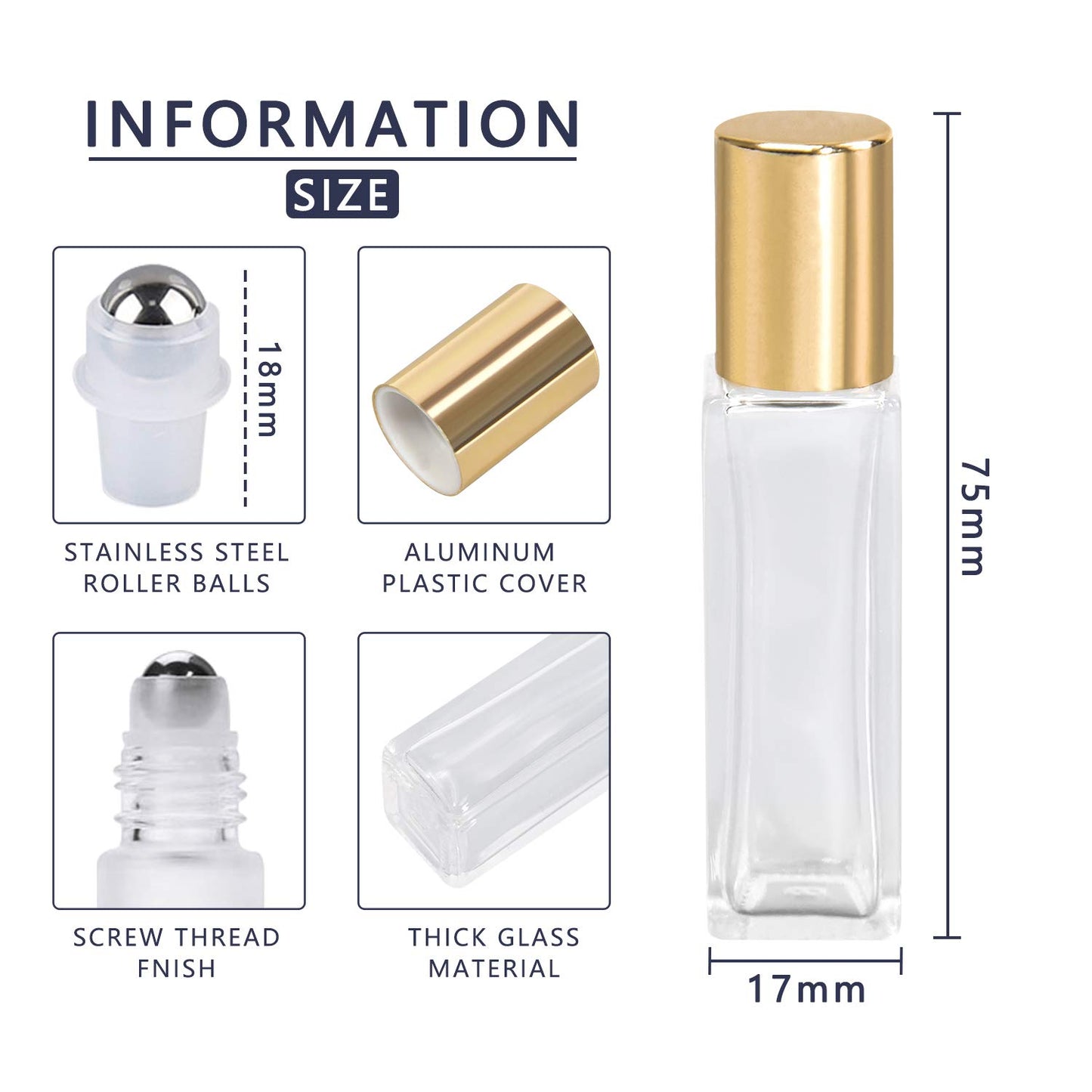 wifreo 20Pcs 10ml Glass Roll On Bottle for Essential Oils, Eco-friendly Refillable Clear Perfume Sample Bottles with Stainless Steel Roller Ball - Portable & Practical