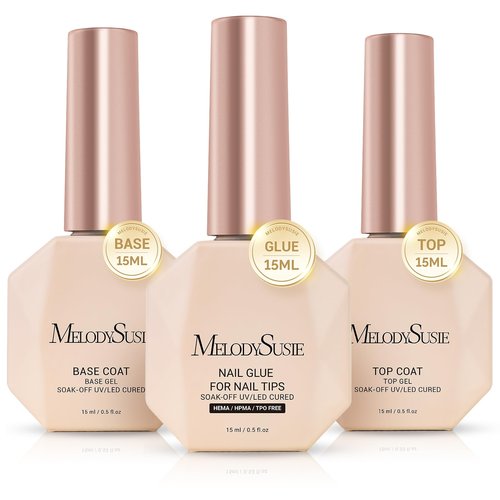 MelodySusie Top Coat Nail Glue Base Coat No Wipe Glossy Set Long Lasting Shine Finish Soak Off UV LED Nail Lamp Nail Art Design Manicure Kit Perfect Gifts for Women Girls 3 Pcs 15ml Clear