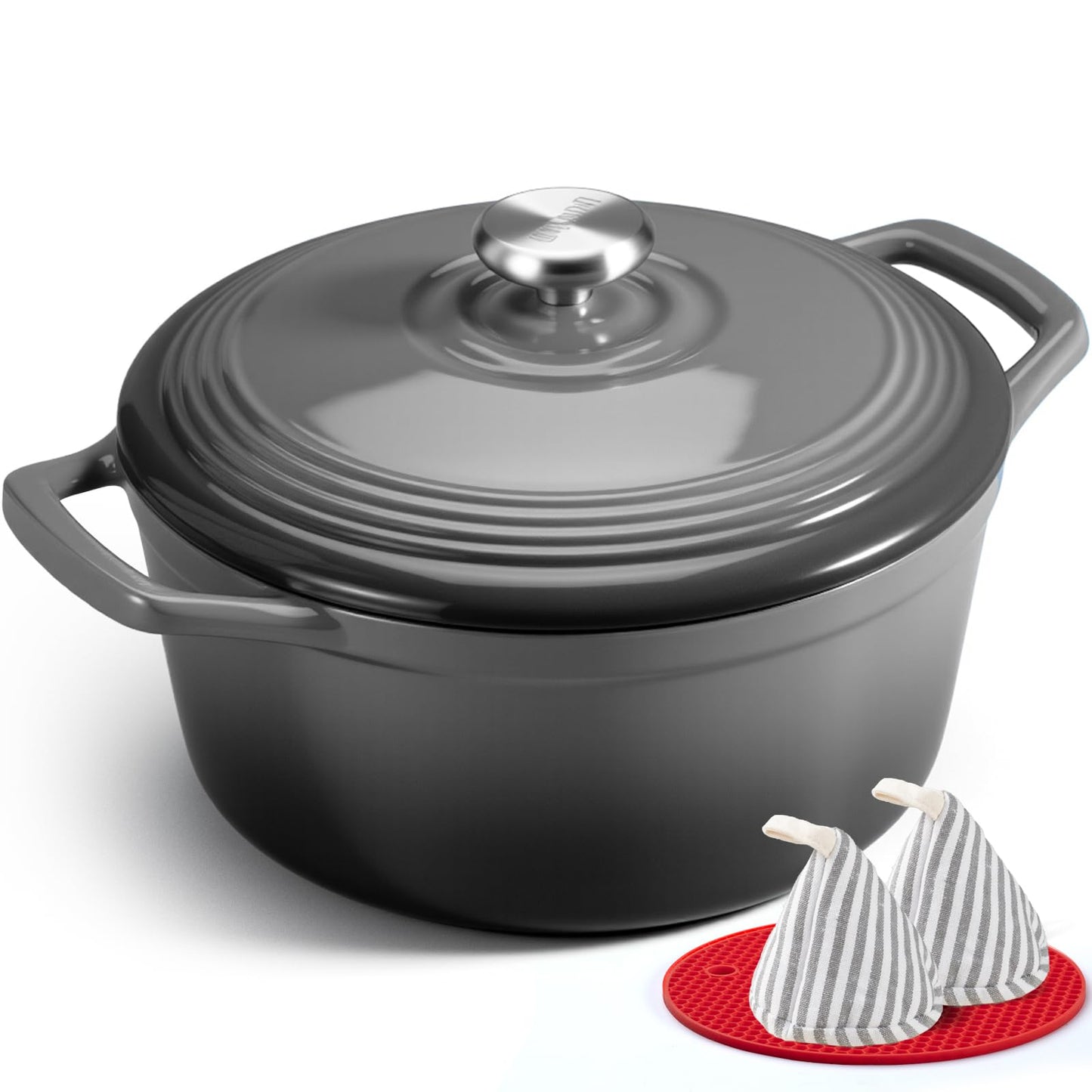 Overmont Enameled Cast Iron Dutch Oven - 4.5QT Pot with Lid Cookbook & Cotton Potholders - Heavy-Duty Cookware for Braising, Stews, Roasting, Bread Baking bottle green