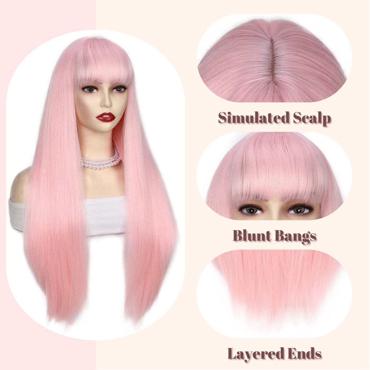 FANCEE Pastel Pink Wig with Bangs Long Straight Wig with Blunt Bangs for Women 26 Inch Synthetic Sakura Pink Wig with Layered Ends for Cosplay Halloween Party Daily Use