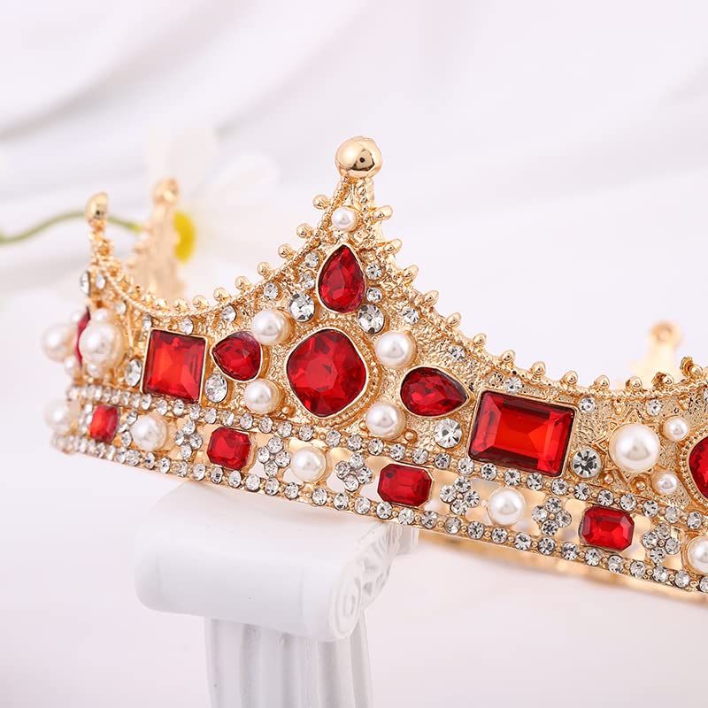 King Crystal Wedding Tiara Vintage Rhinestone Crown Hair Bands For Men Birthday Prom Pageant Hair Accessories (Gold With Red Stone)