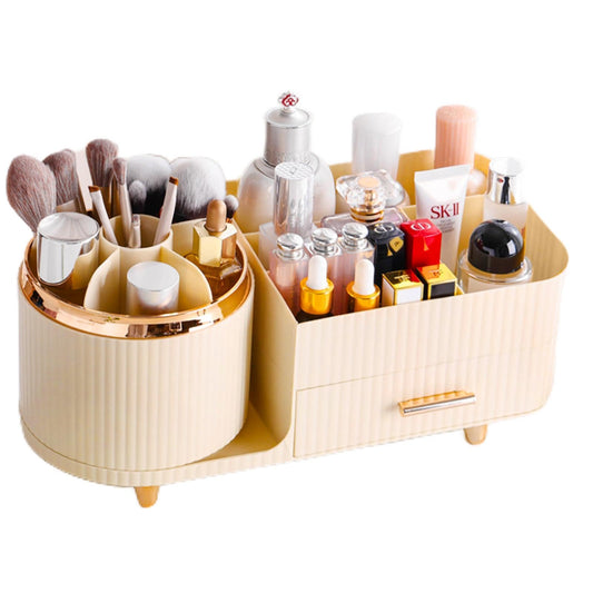 Rotating Makeup Organizer for Vanity with Brush Holder and Drawer, Cosmetic Makeup Storage, Large Spinning Makeup Skincare Organizer, Countertop Makeup Perfume Organizer, Lotions Display Case (Ivory)
