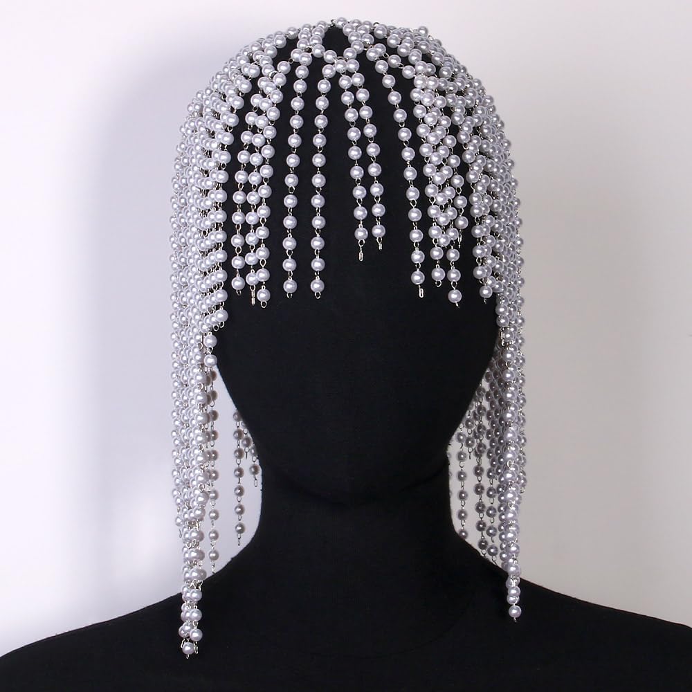 STONEFANS Pearl Headpiece Bridal for Women Roaring 20s Gatsby Pearl Head Chain Jewelry Hair Accessory