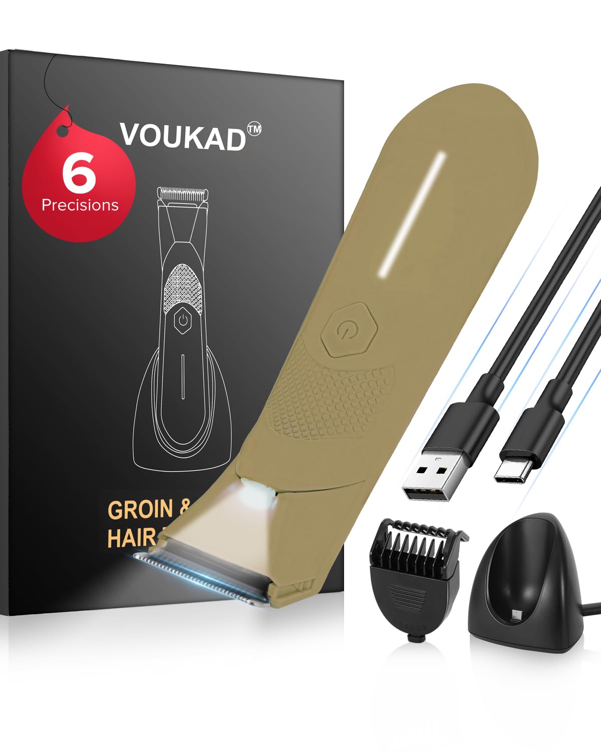 Sensitive Skin Personal Pubic Hair Trimmer for Women and Men, Electric Manscape/Bikini Trimmer, Waterproof Groin Trimmer for Body Hair, with Light, Travel Size, 6 Precisions (Brown)