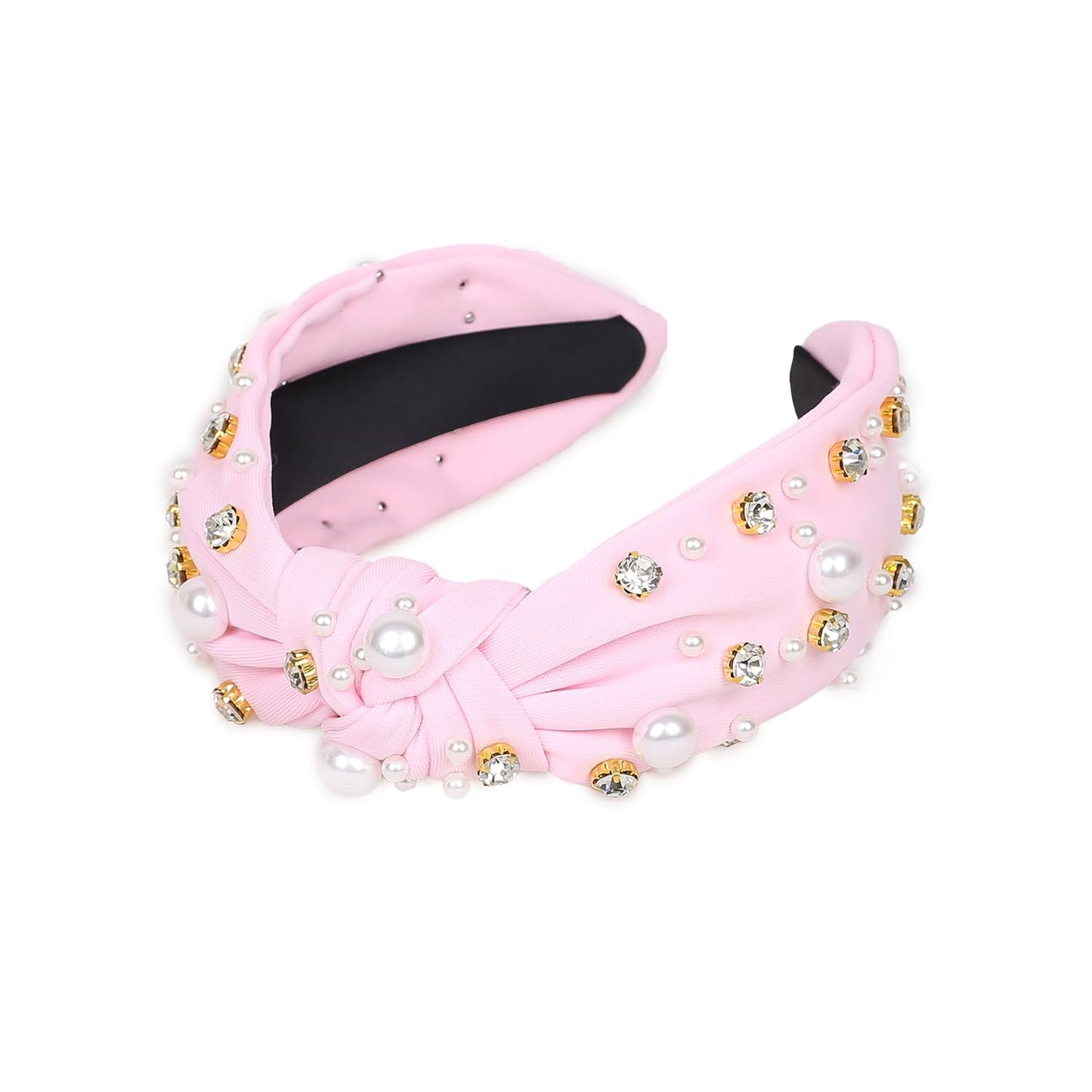 vowyore Pearl Headband Sparkly Rhinestone Pearls Knot Hairband Wide Knotted Headband Headpiece Spring Summer Pink Black Headbands Headwear Accessories