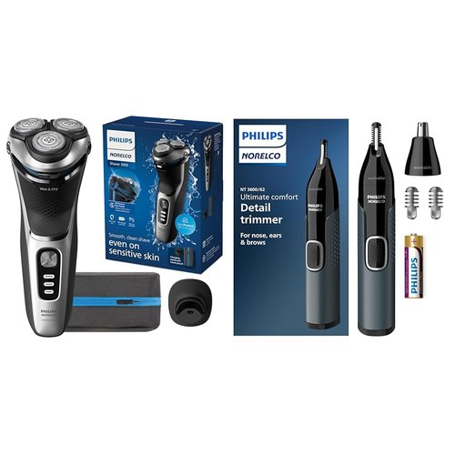 Philips Norelco Shaver 3900 - Rechargeable Wet & Dry Shaver with Trimmer & Stand | Nose Trimmer 3000 for Ears & Eyebrows