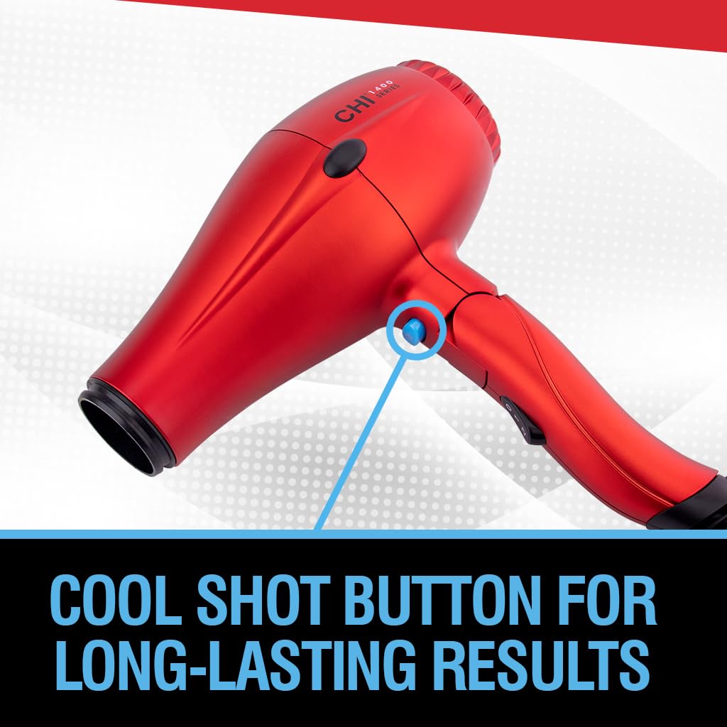 CHI 1400 Series Compact Hair Dryer - Powerful, Lightweight & Quick-Drying for Shiny, Frizz-Free Hair | Red