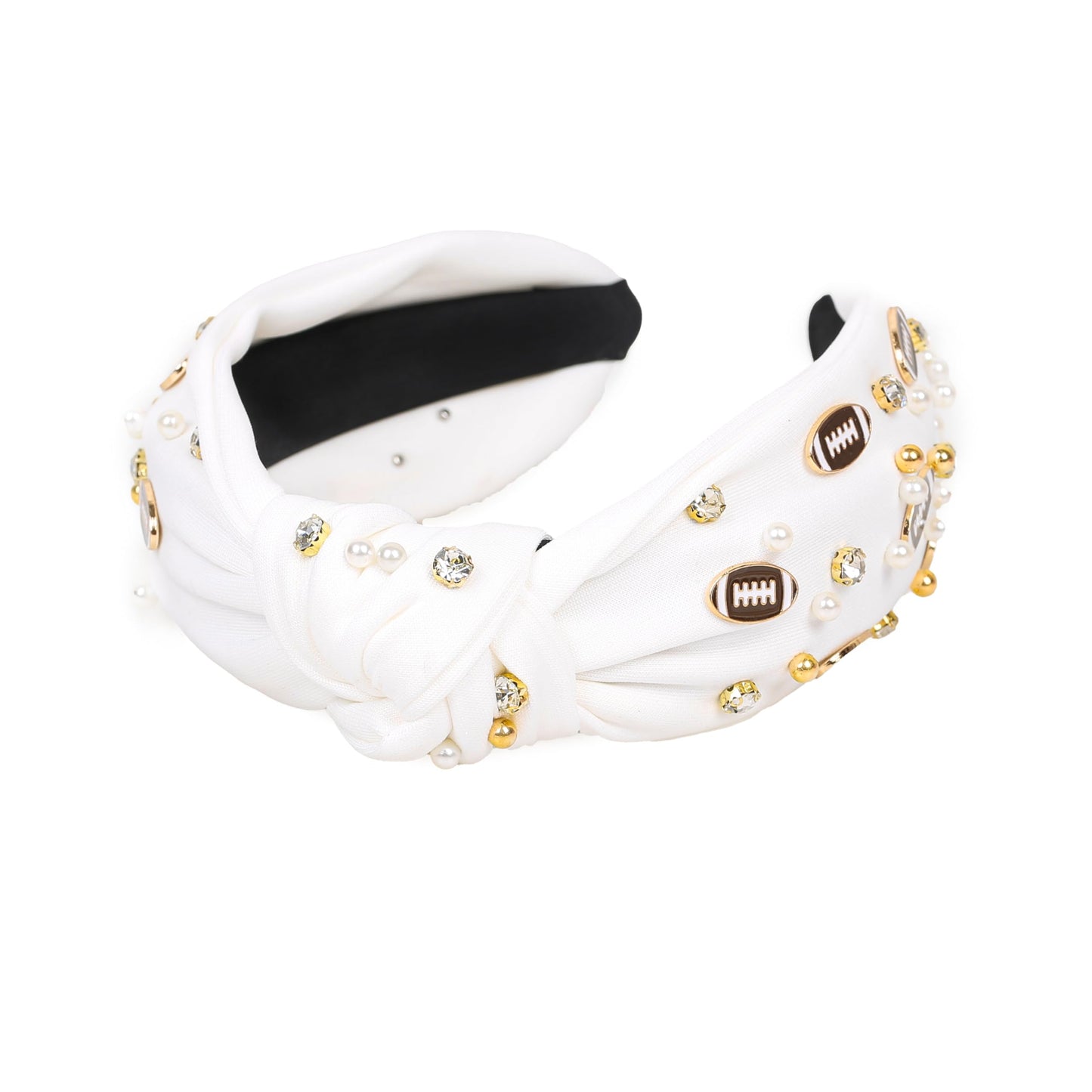 Football Headband Pearl Rhinestone Jeweled Knotted Headband Fun Sports White Black Football Embellished Wide Top Knot Hairband Headpiece Game Day Sports Hair Accessories Gift for Football Mom Fans