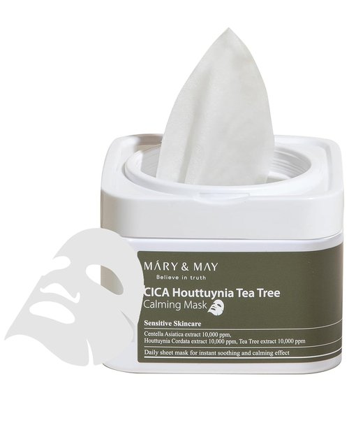 Mary&May CICA Houttuynia Tea Tree Calming Mask - Soothing Daily Sheet Mask for Hydration | 30 Hypoallergenic Sheets