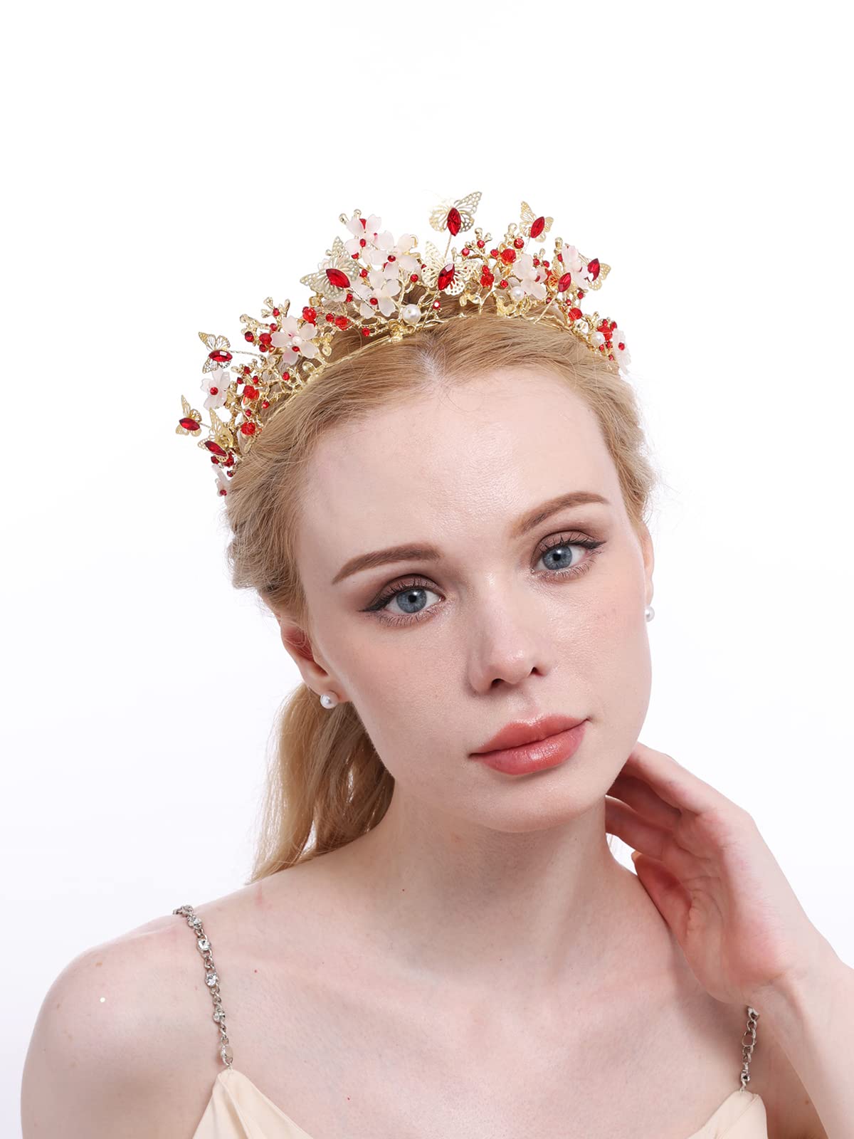 Brihasory Butterfly Queen Birthday Crowns Gold Tiaras for Bride, Crystal Royal Princess Wedding Rhinestone Headband, Costmue Party Christmas Halloween Black Prom Headpiece for Women and Girls (Red)