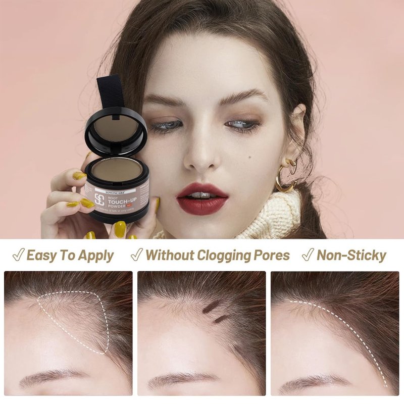 SOVONCARE Wet Hairline Powder for Women & Men - Hair Root Touch Up Powder for Grey Coverage, Thinning Hair & Bald Spots, Stays All Day - Instant Root Cover Up, Includes Brush（Medium Brown 0.14 Oz）