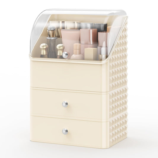 Soimeat Makeup Organizer Countertop, Stackable Cosmetics Organizer and Storage, Makeup Organizer Case with Dustproof Lid and Waterproof, Perfect for Bathroom Vanity, Cream, 3 Layers