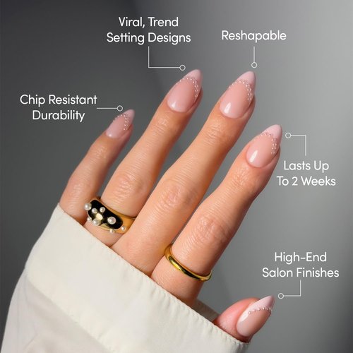 Glamnetic Press On Nails - Pink Me Up Spring Nails | Short Almond Fake Nails in Pastel Pink French Tips with 3D Pearls in a Glossy Finish, Salon Quality Nails | 15 Sizes - 30 Nail Kit with Glue