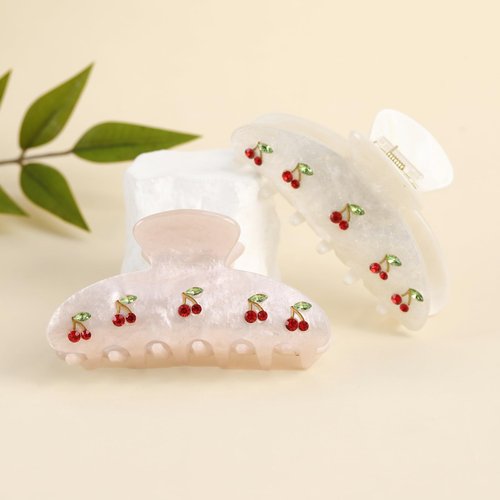 2PCS Cherry Hair Clips for Women Girls – Kawaii Fruit Medium Unique Claw clips, Trendy Handmade Look Acetate Hair Accessories for Thin Hair
