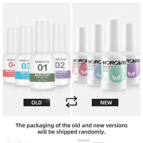 Morovan Dip Powder Liquid Set - Activator, Base & Top Coat with Dipping Brush - 4pcs 0.5oz