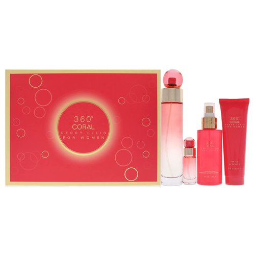 Perry Ellis 360 Coral Gift Set - 3.4oz EDP Spray, 4oz Body Mist, 3oz Shower Gel, 0.25oz EDP Spray for Women