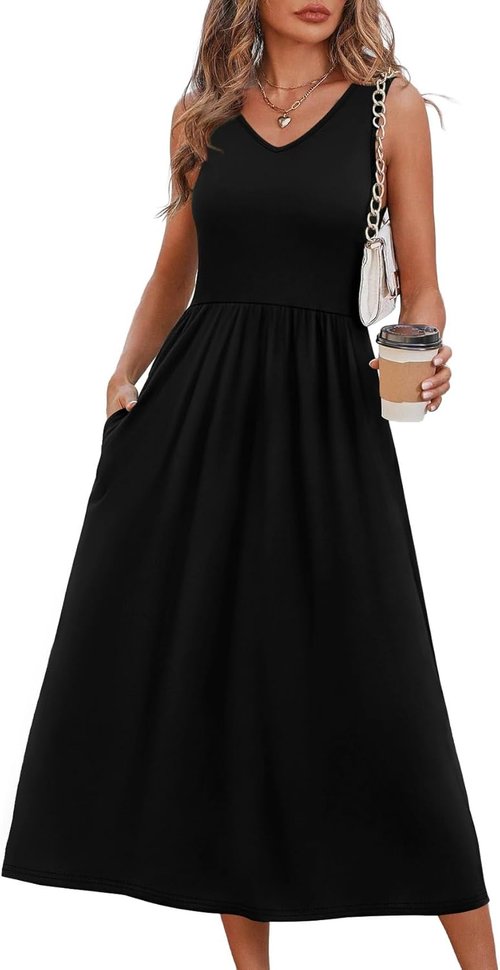 OFEEFAN Summer Dresses - Flowy Casual Midi Dress with V Neck & Pockets for Beach Vacations