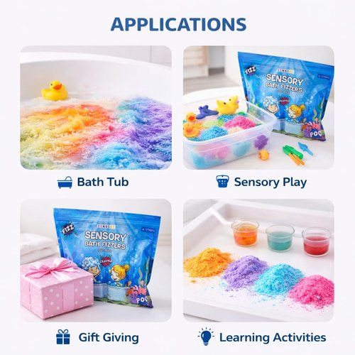 Zenseme Bubble Bath for Toddlers 1-3 - Colorful Bath Fizzies Powder – 4 Bubble Fizzing Bath Colours - Fun & Educational Bath Gift Set - Crack Sounds & Sensory Fun - Resealable 800g Bag