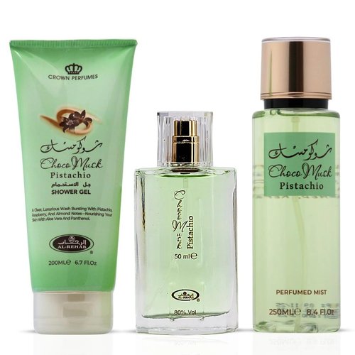 Al-Rehab Choco Musk Pistachio 3-Piece Gift Set – Eau de Parfum 50ml + Shower Gel 200ml + Body Mist 250ml – Pistachio & Vanilla Unisex Collection