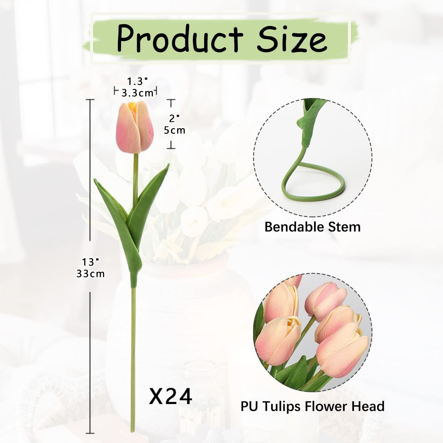24 Pink Tulips | Artificial Flowers - 13.5" Faux Tulips for Home Decor, Weddings & Mother's Day