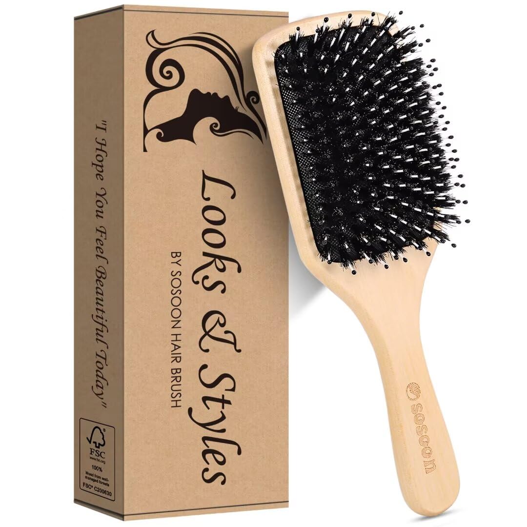 Sosoon Boar Bristle Paddle Hairbrush - Tangle-Free Styling for All Hair Types | Gift Box & Tail Comb Included