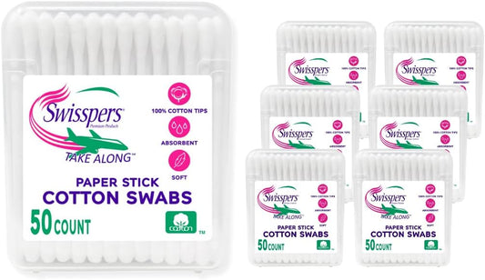 Swisspers Cotton Swabs - 100% Cotton Double-Tipped Travel Size | 6-Pack with 300 Swabs Total