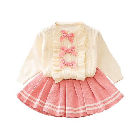 Toddler Baby Girls Autumn Winter Fall Clothes Knit Long Sleeve Ruffle Sweater Top+Pleated Mini Tutu Skirt 2pcs Outfit for Kids Princess Casual Playwear Homewear Clothing Set Pink-Bow 2-3T