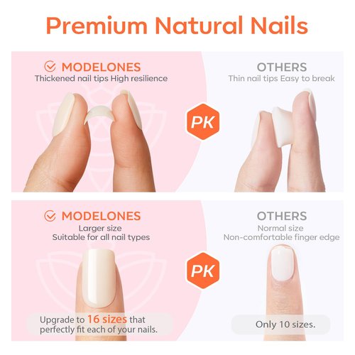 modelones French Tip Press On Nails, Short Oval Fake Nails Press Ons with Nail Glue, Adhesive Tabs, Nail File, Prep Pad, Manicure Stick, 32Pcs 16 Sizes, Nude, Spring Women Girl Gift