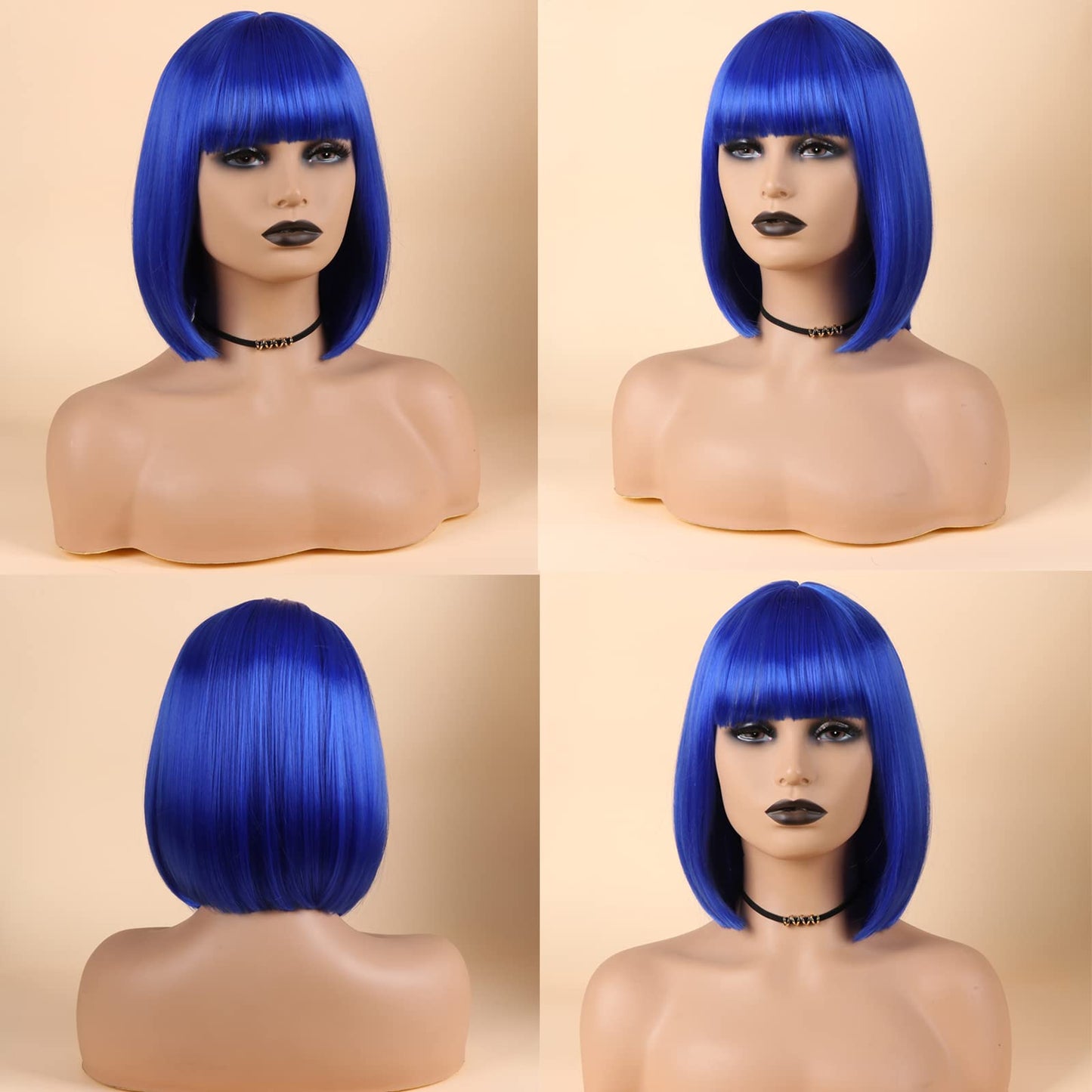 CLSHES Blue Bob Wig with Bangs Short Bob Wigs for Women Straight Bob Wig 12 Inch Synthetic Colorful Wigs Cosplay Party Daily Wig