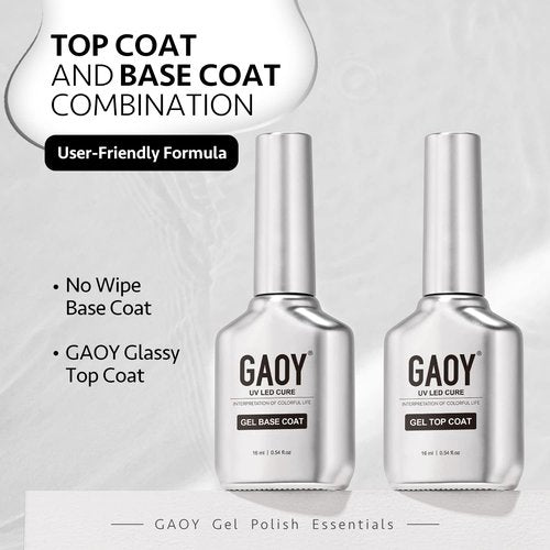 GAOY Glassy Gel Top Coat & Base Coat Set - No Wipe UV Nail Polish Foundation | 16ml, 2 Pcs