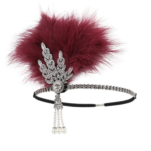 1920s Flapper Feather Headband Art Decor Gatsby Rhinestone Leaf Medallion Imitation Pearl Headpiece Hair Accessories Women (Wine Red)