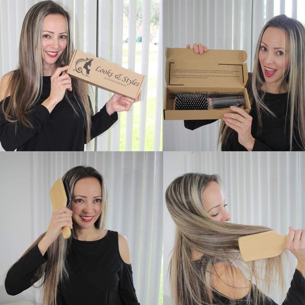 Sosoon Boar Bristle Paddle Hairbrush - Tangle-Free Styling for All Hair Types | Gift Box & Tail Comb Included