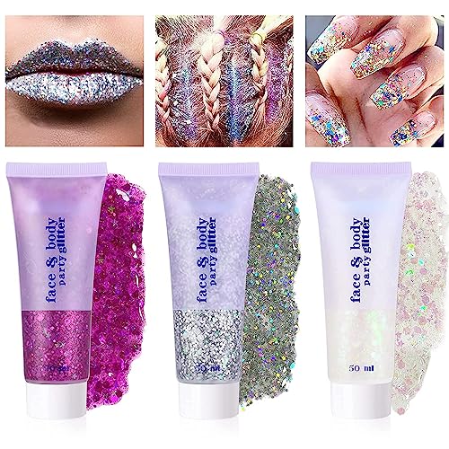 PAQIMAN Silver Hair Glitter,Sparkling Neon Outfit Party Holographic Sequins Paint Body Glitter Gel Makeup.(05# Silver)